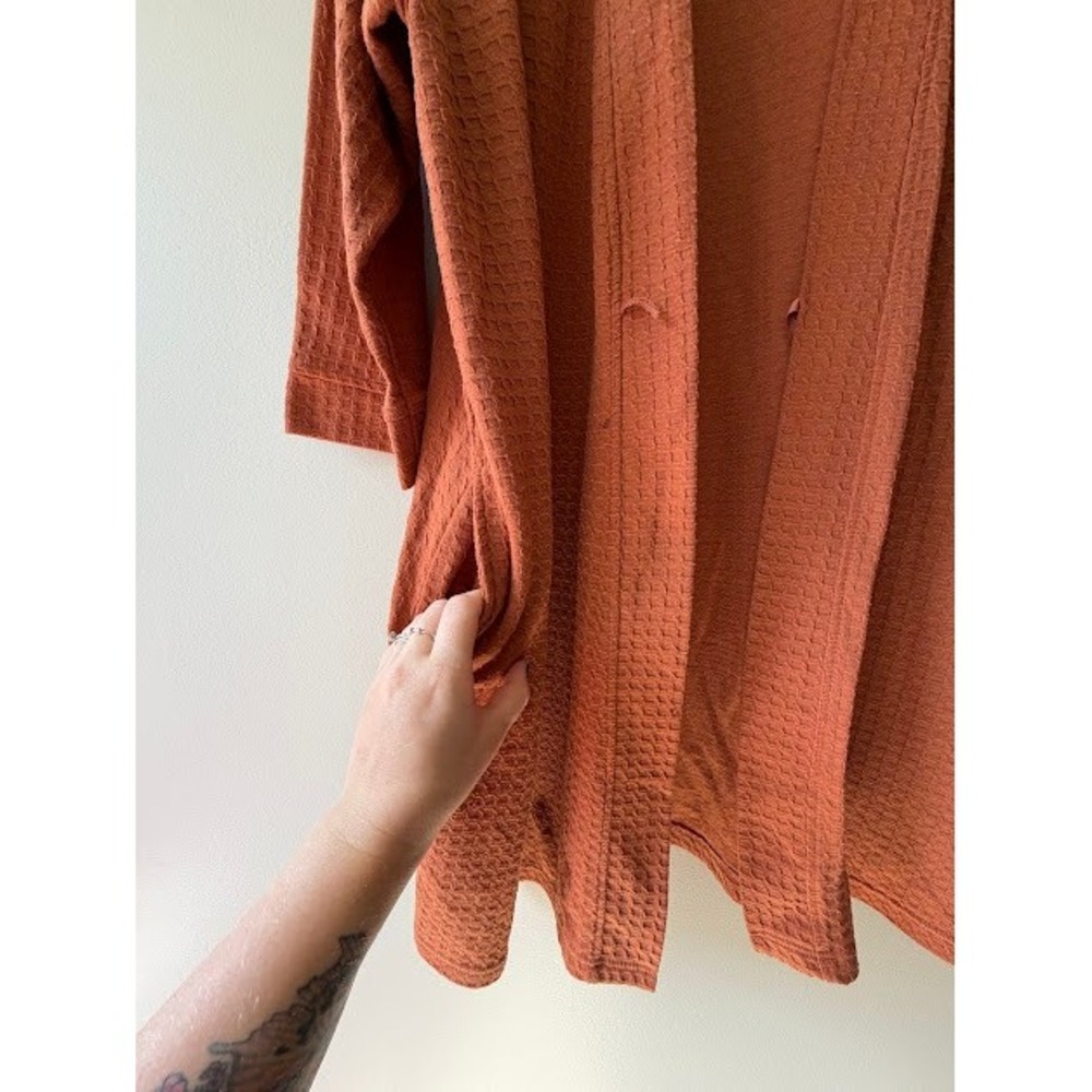 Waffle Knit Joy Women L Rust Orange Robe Open Front Textured Pockets Lounger - Picture 7 of 9